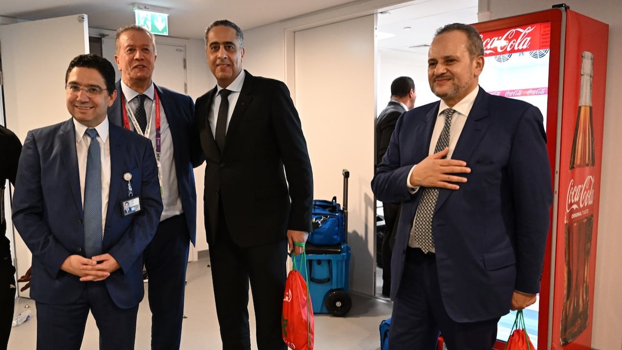 Nasser Bourita, Abdellatif Hammouchi, Yassine Mansouri, et Mohamed Makrouf au stade Al Thumama à Doha, le jeudi 1er décembre 2022.