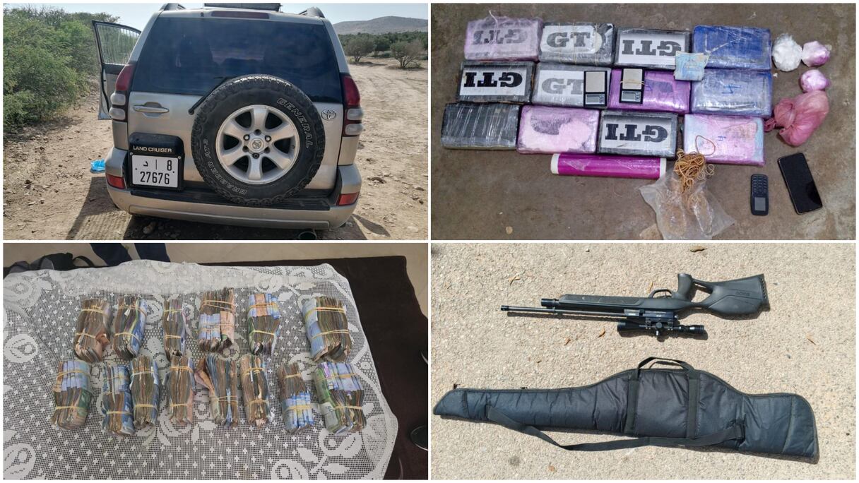 Une partie de la drogue et des objects saisies lors du démantèlement d’un important réseau de trafic de drogue dure vendredi 20 juin 2025 à Nador.