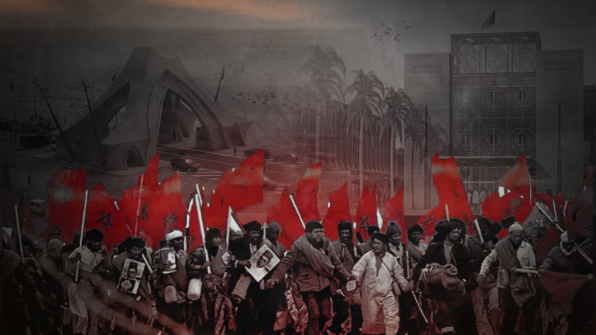 Des Marocains répondant à l'appel de Feu le roi Hassan II pour une Marche verte sur le Sahara.