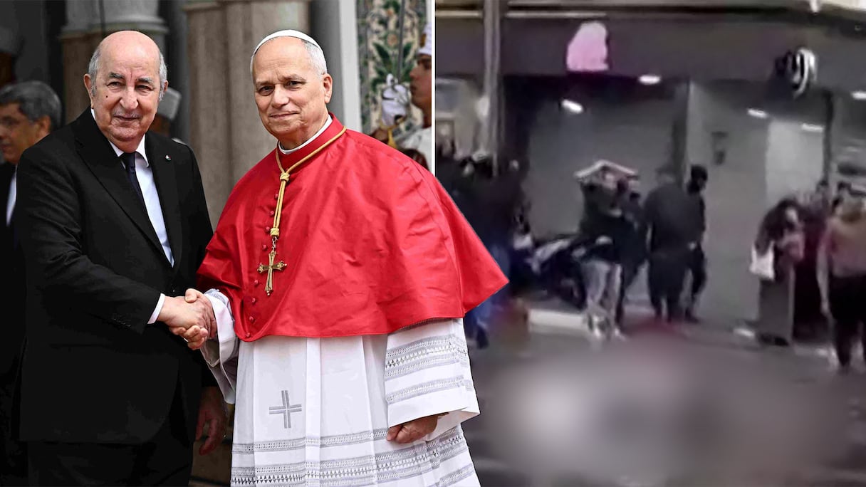 Le président algérien Abdelmadjid Tebboune avec le pape Léon XIV. A droite, un corps ensanglanté dans une rue à Blida.