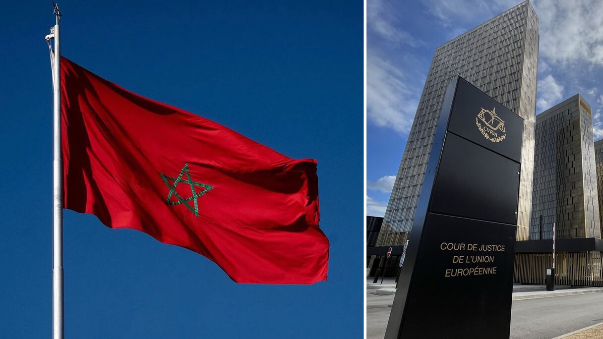 Le drapeau du Maroc et le siège de la Cour de justice de l'Union européenne.