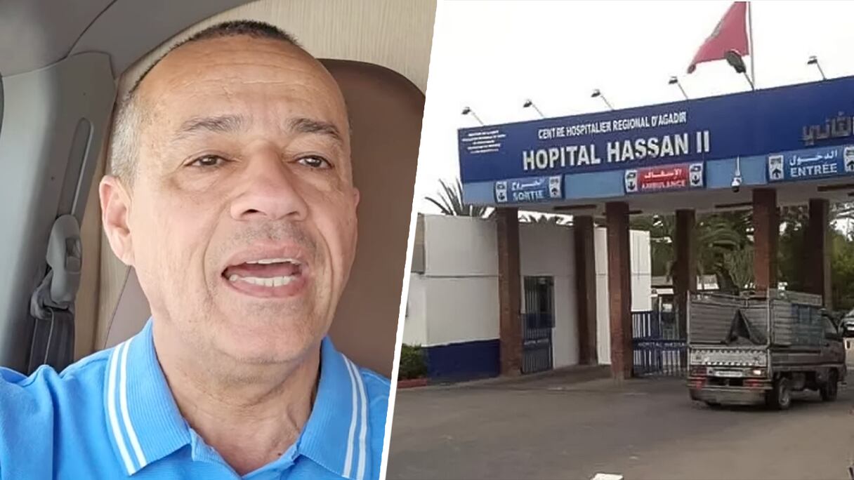 Façade de l'hôpital Hassan II d'Agadir. En médaillon, Mohamed Reda Taoujni.