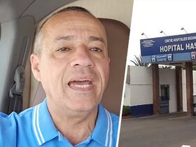 Façade de l'hôpital Hassan II d'Agadir. En médaillon, Mohamed Reda Taoujni.