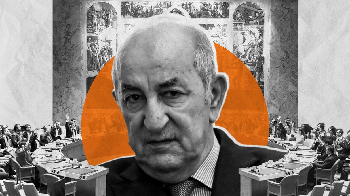 Au centre, le président algérien Abdelmadjid Tebboune. Au fond, le Conseil de sécurité de l'ONU.