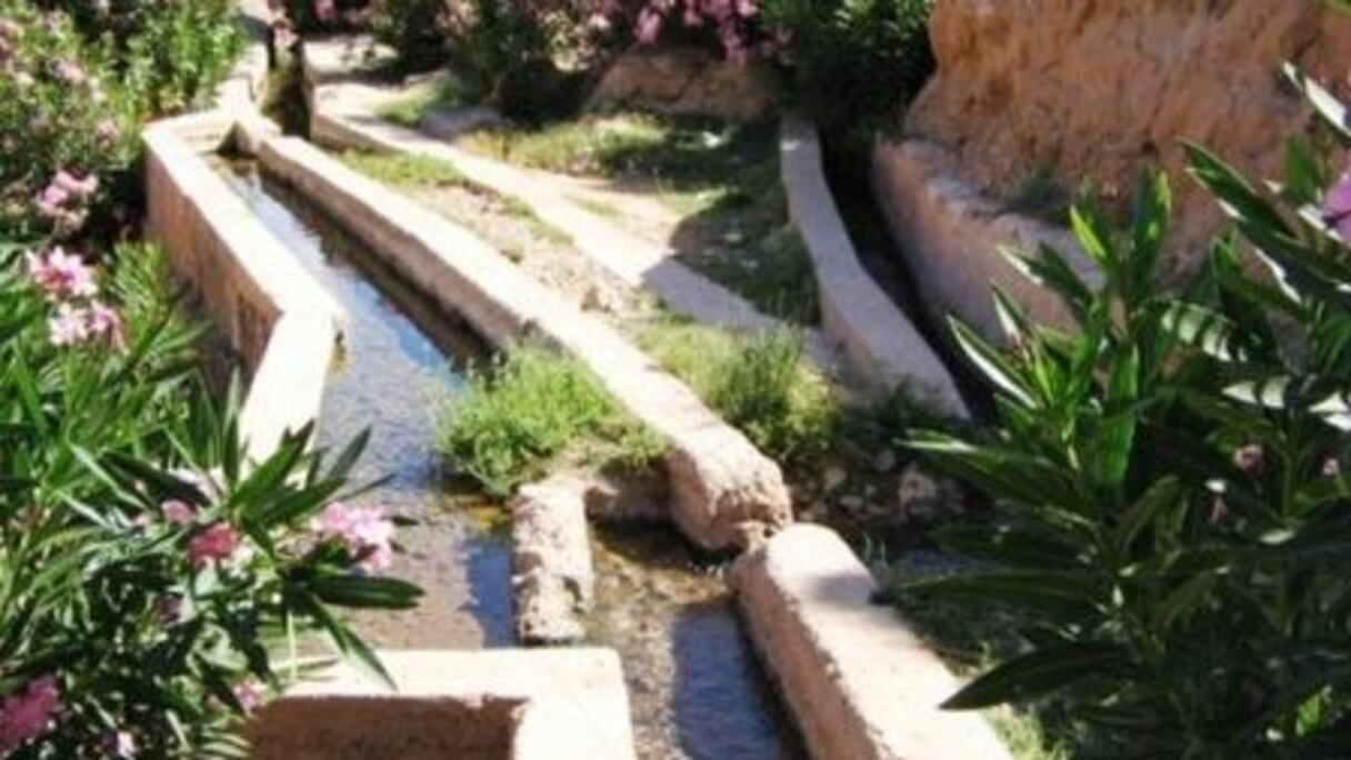 Seguia d'une oasis d'Ifrane de l'Anti-Atlas, commune rurale de la région de Guelmim-Oued Noun. Pluri-centenaires, les seguia, communes aux oasis d'Afrique du Nord, permettent d'irriguer les cultures via des canaux où l'eau circule à ciel ouvert.