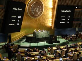 A l'Assemblée générale de l’ONU, le 2 mars 2022, les députés ont voté à une écrasante majorité pour une résolution non contraignante qui condamne la Russie pour son invasion de l'Ukraine et exige que la Russie retire immédiatement ses forces du pays.