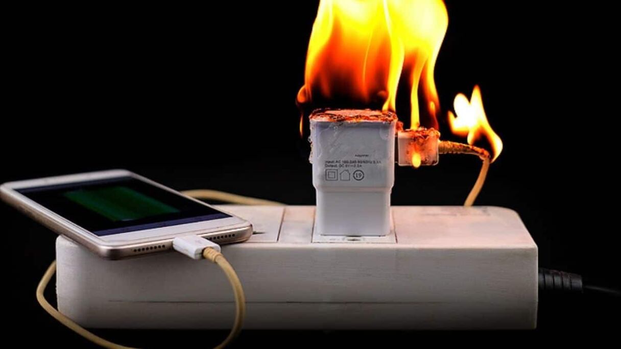 Un chargeur de téléphone en feu.