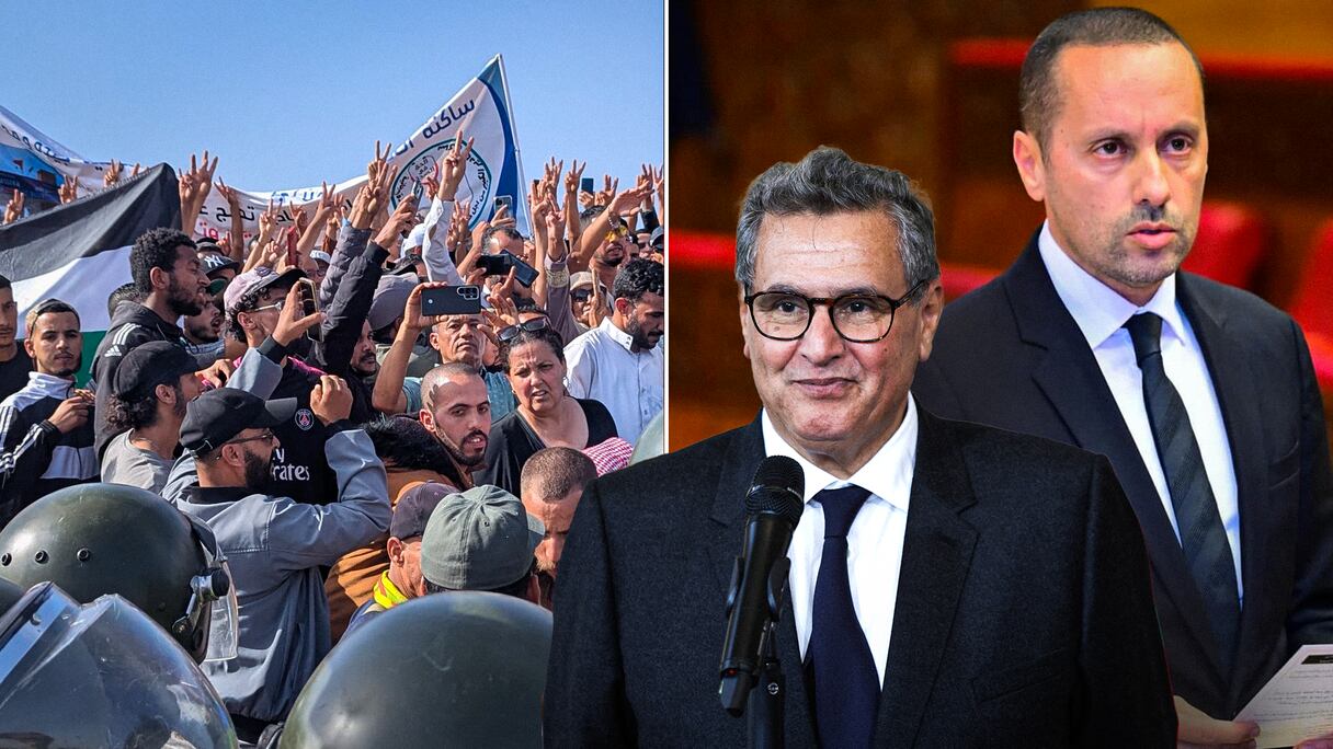 Le chef du gouvernement Aziz Akhannouch et son ministre de la Santé Amine Tahraoui. En face, lors du sit-in de protestation à Agadir.