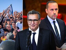 Le chef du gouvernement Aziz Akhannouch et son ministre de la Santé Amine Tahraoui. En face, lors du sit-in de protestation à Agadir.