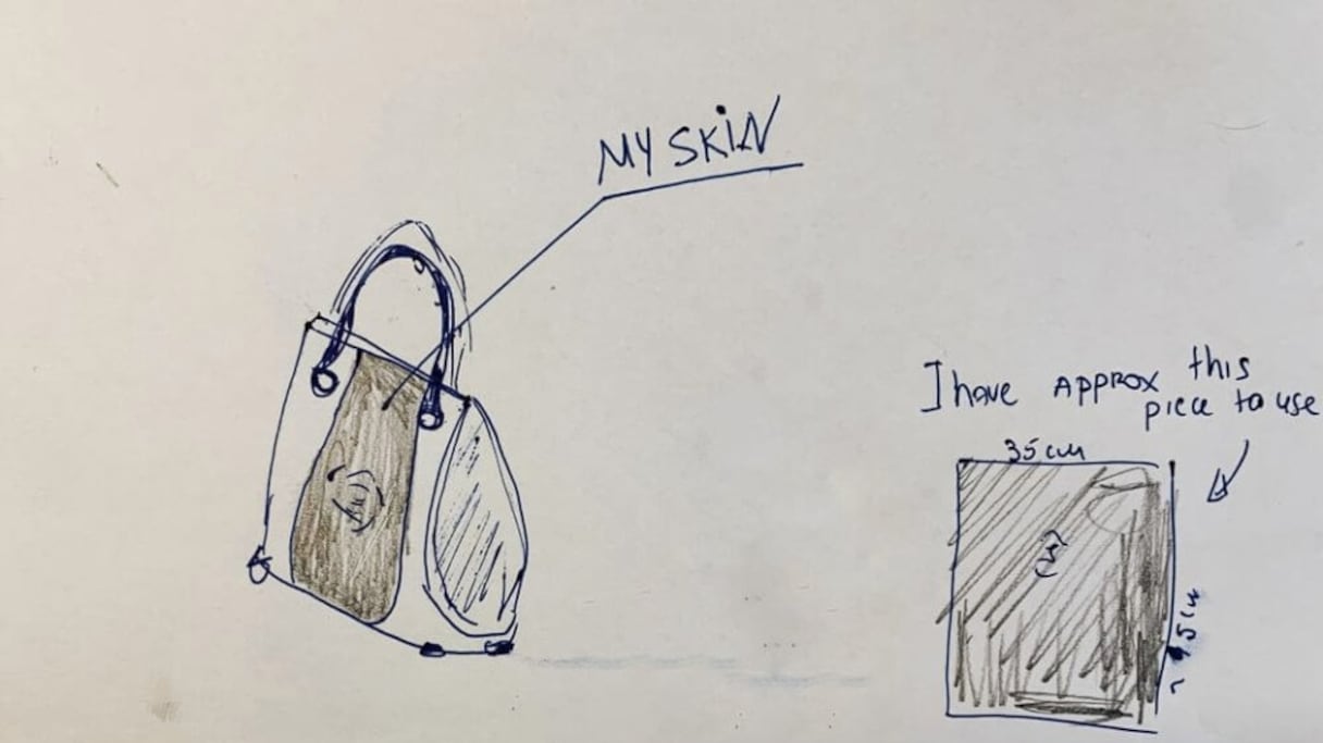 Les croquis du futur sac réalisé à partir d'une jambe amputée
