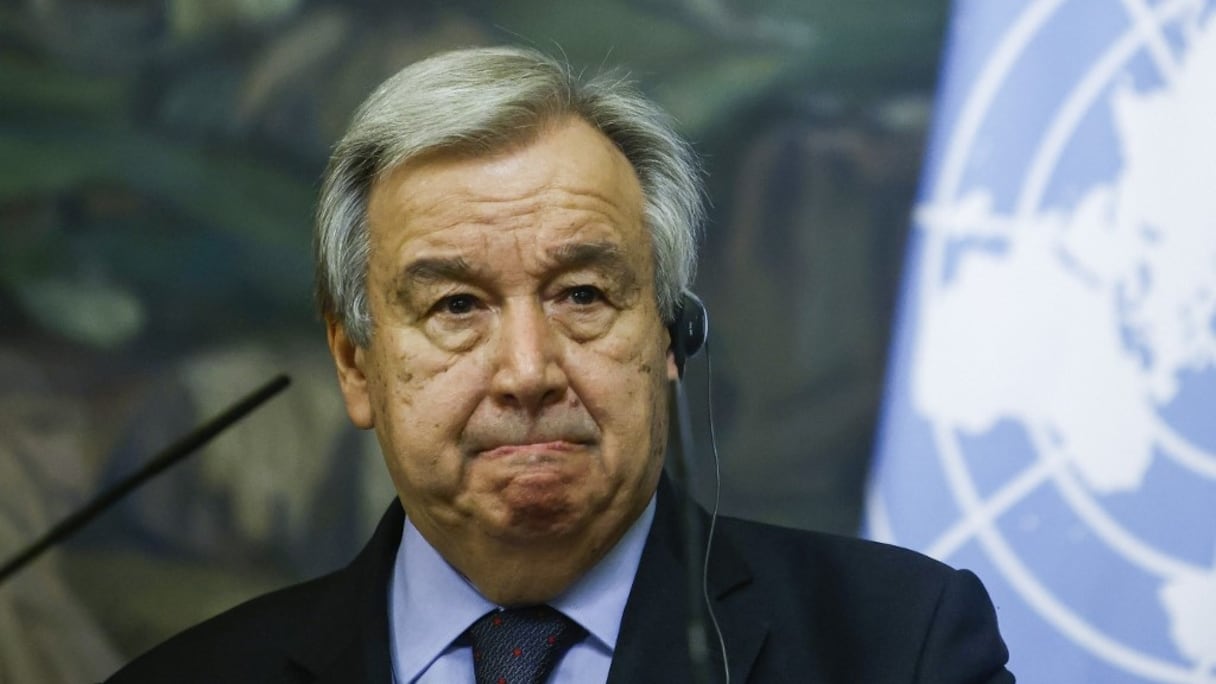 Le secrétaire général des Nations Unies, Antonio Guterres, assiste à une conférence de presse conjointe avec le ministre russe des Affaires étrangères, à la suite de leurs entretiens à Moscou, le 12 mai 2021 (archives). 
