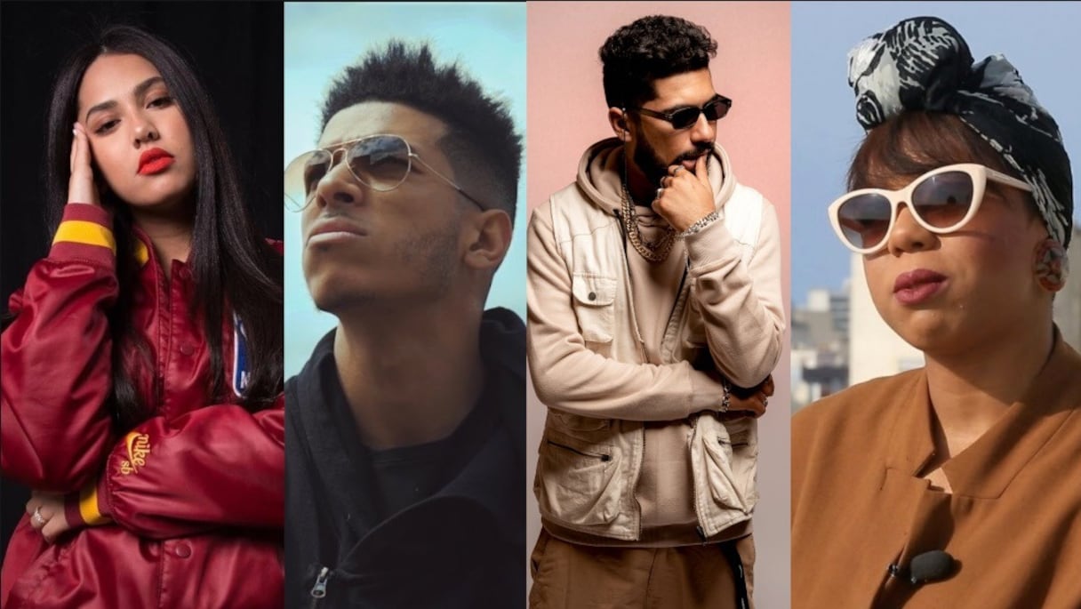 De g. à d.: Manal Benchlikha, Dizzy Dros, El Grande Toto et Jaylann. Ces quatre interprètes marocains partie des onze artistes du pays à avoir été selectionnés pour concourir à l'édition 2021 des Afrima Awards, à Lagos, au Nigeria, du 19 au 21 novembre. 
