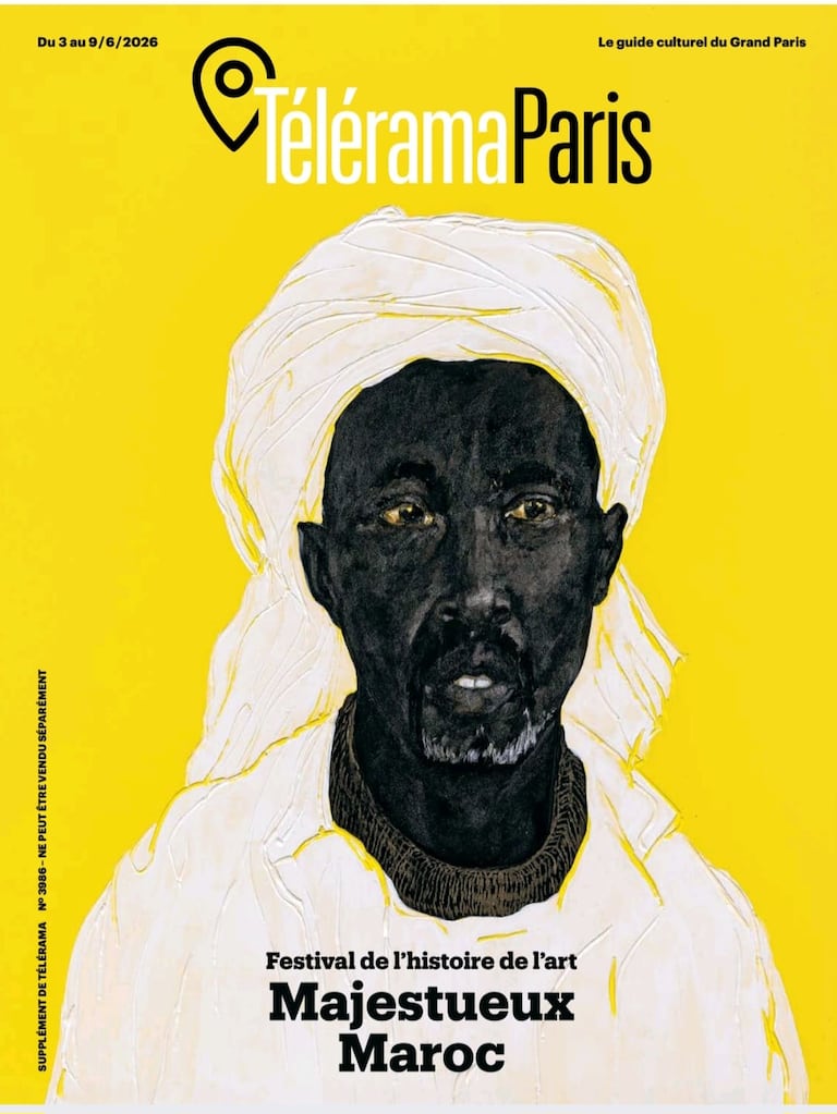 Couverture du magazine Télérama (édition du 3 au 9 juin 2026) dédiée à une oeuvre de M'barek Bouhchichi: «M’soud I», 2025, technique mixte sur caoutchouc, 90 x 80 cm, par M'barek Bouhchichi. Courtesy de M’barek Bouhchichi et de L’Atelier 21/Casablanca