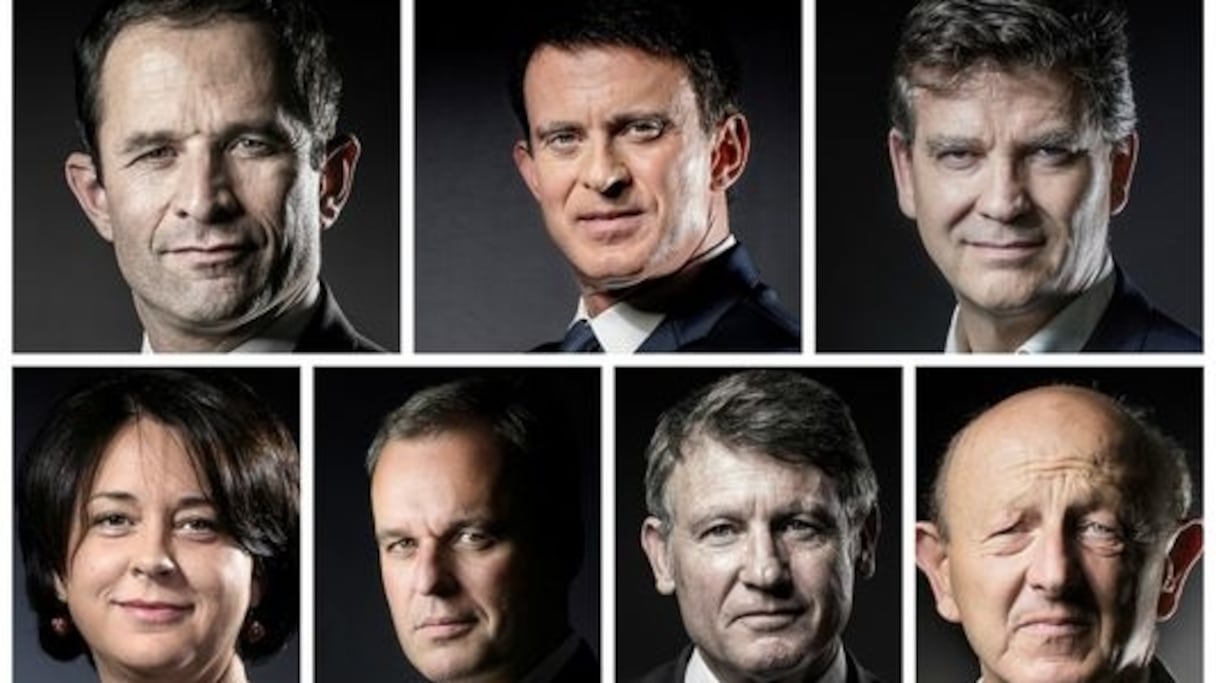 Les sept candidats socialistes, avec en haut, au centre, l'ex-Premier ministre Manuel Valls.
