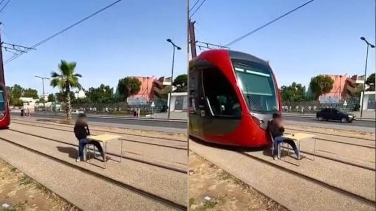 Un jeune Casablancais défie le tramway (capture d'écran d'une vidéo diffusée le 23 mai 2021). 
