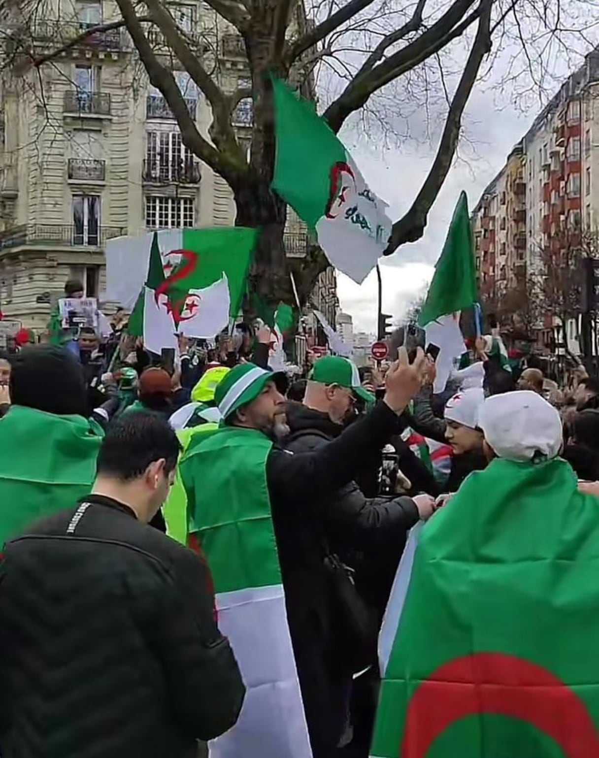 Des manifestants algériens brandissent des drapeaux de leur pays lors du rassemblement organisé le 19 mars 2023, Place du Colonel Fabien à Paris.