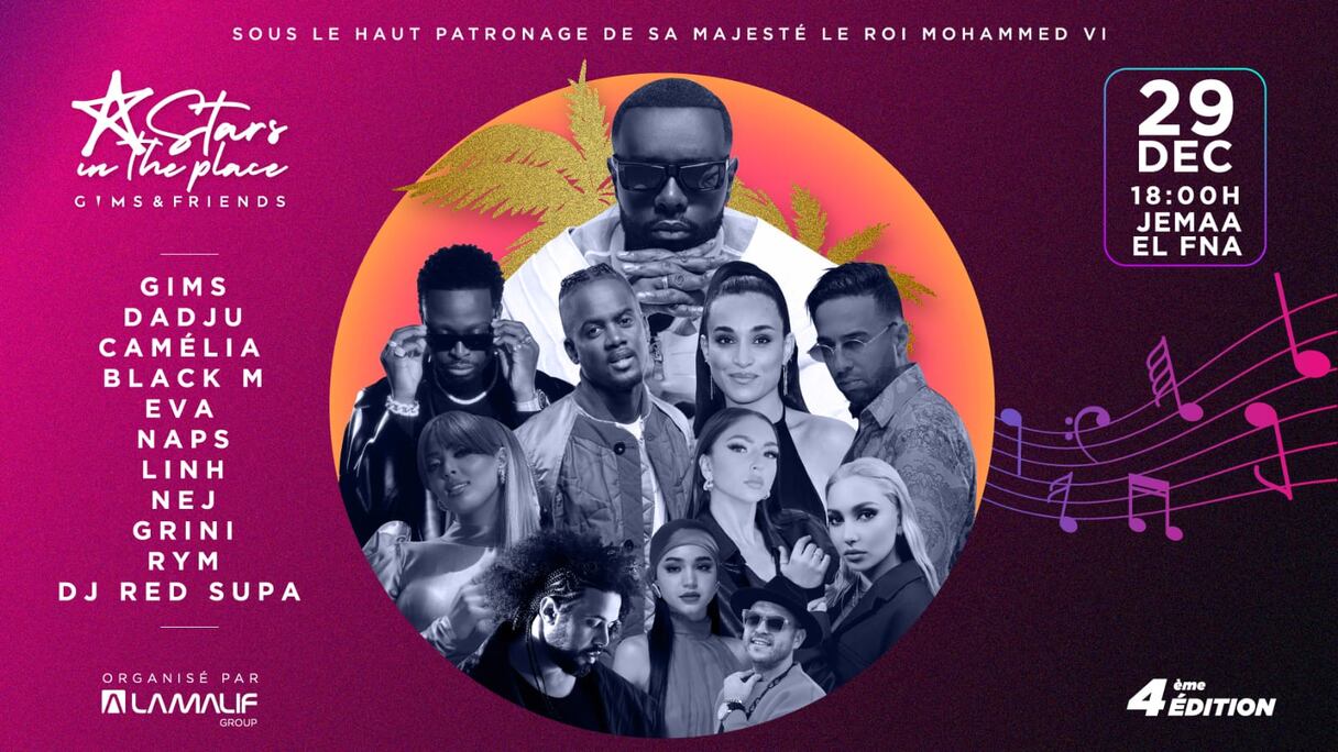 L'affiche du concert «Stars in the place», prévu le jeudi 29 décembre 2022, place Jemaa El Fna, à Marrakech.
