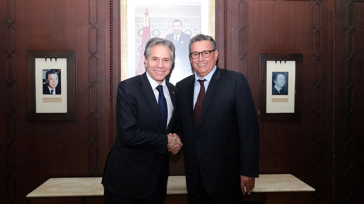 Antony Blinken, secrétaire d'Etat américain, en visite au Maroc, et Aziz Akhannouch, chef du gouvernement, à Rabat, mardi 29 mars 2022.
