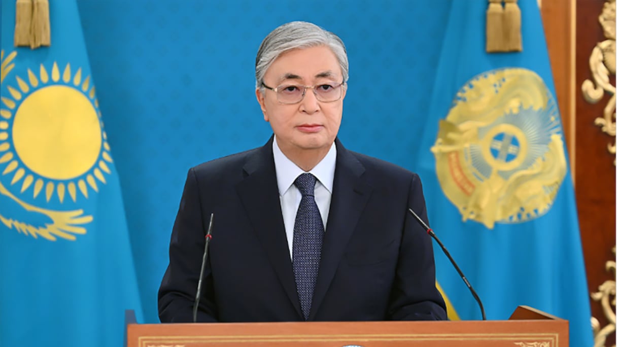 Le président du Kazakhstan Kassym-Jomart Tokayev prononçant un discours à Alamaty, le vendredi 7 janvier 2022.
