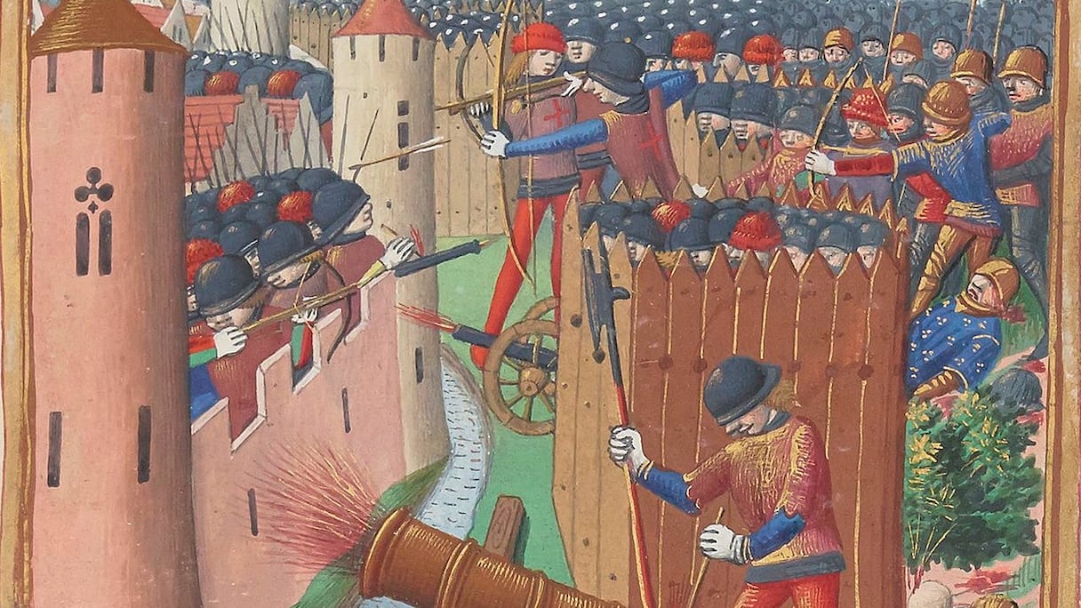 Le siège d'Orléans (1428-1429), au cours de la guerre de Cent ans (1337-1453). (Détail d’une enluminure d’un artiste anonyme, figurant sur le parchemin «Vigiles de Charles VII», XVe siècle.)
