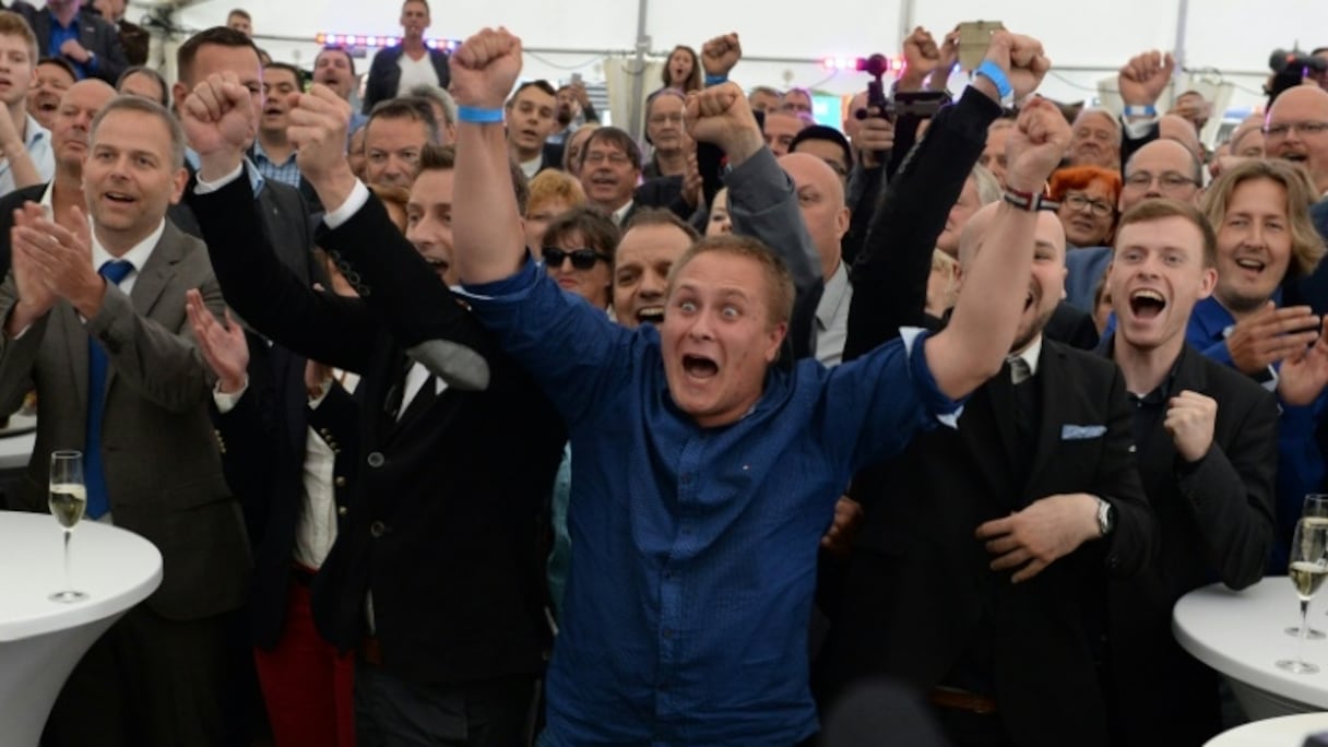 Des partisans du parti populiste anti-migrants allemand AfD, le 4 septembre 2016 à Schwerin en Allemagne.
