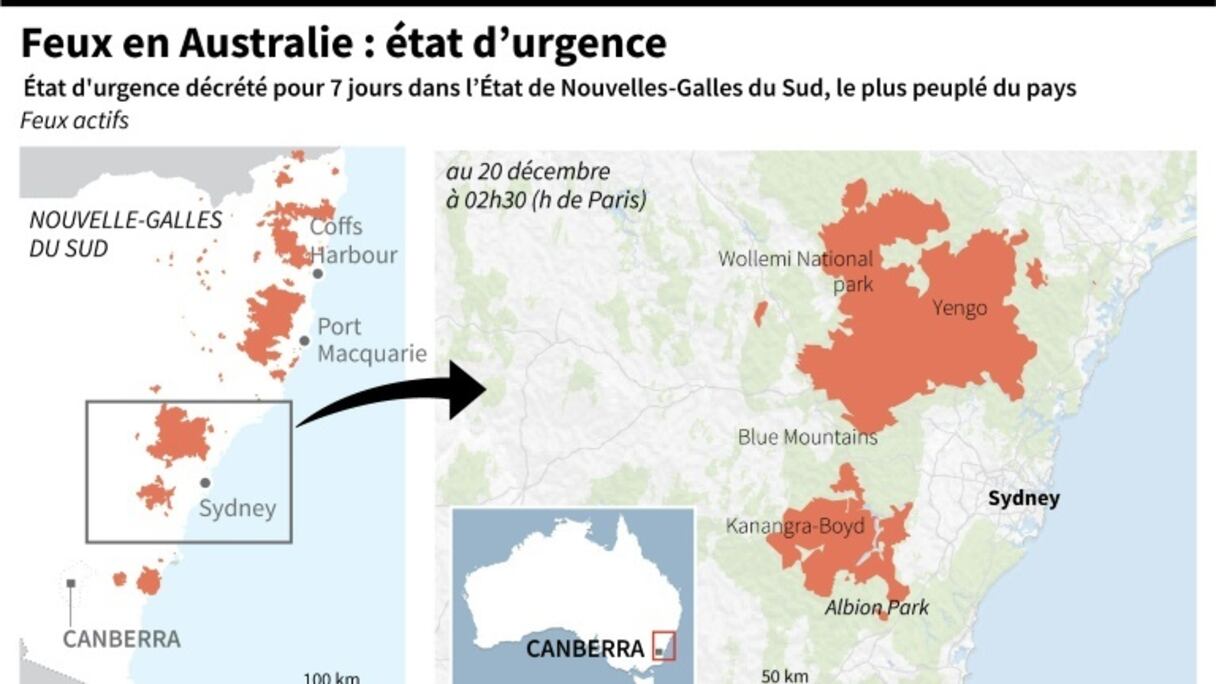 Carte de la Nouvelle-Galles du Sud en Australie touchée par de gigantesques feux et où un état d'urgence de 7 jours a été décrété.
