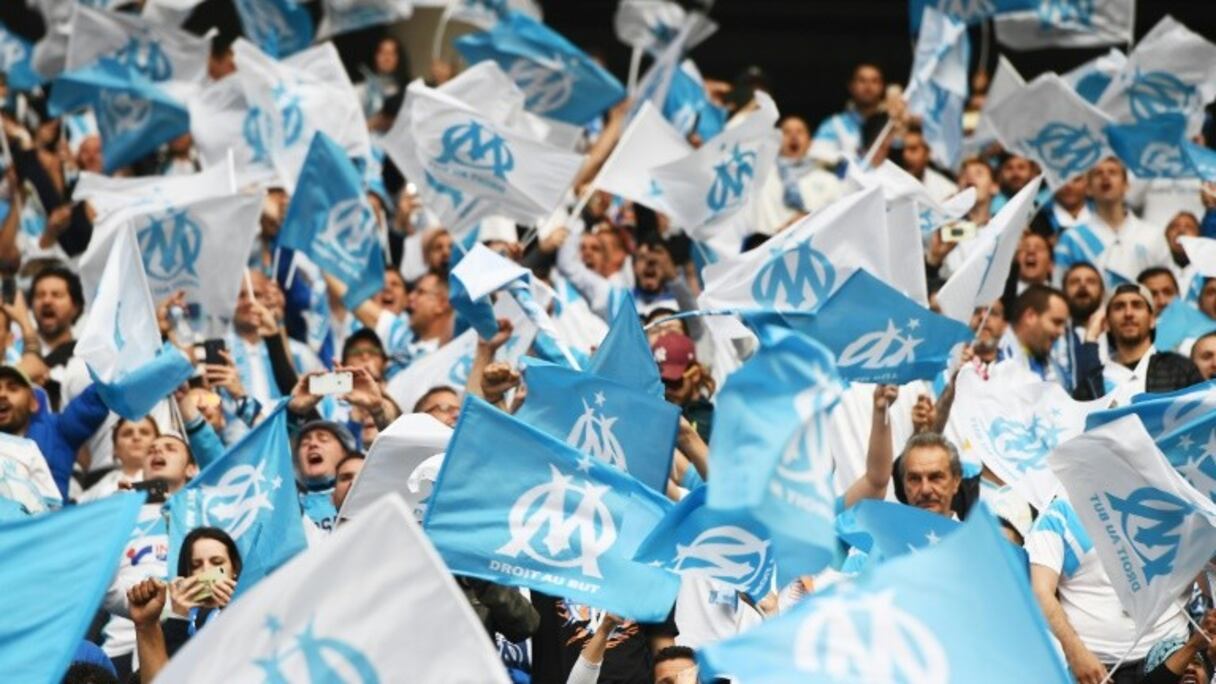 Les supporters de l'Olympique de Marseille avant la finale de Ligue Europa contre l'Atlético de Madrid au Parc OL à Décines-Charpieu, près de Lyon, le 16 mai 2018
