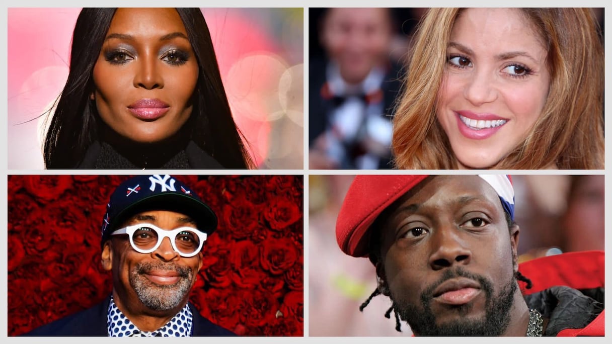 De gauche à droite, dans le sens des aiguilles d'une montre: Naomi Campbell, Shakira, Wyclef Jean et Spike Lee. Des célébrités d'envergure mondiale soutiennent le Maroc, suite à la qualification des Lions de l'Atlas aux demi-finales de la Coupe du monde 2022 au Qatar.
