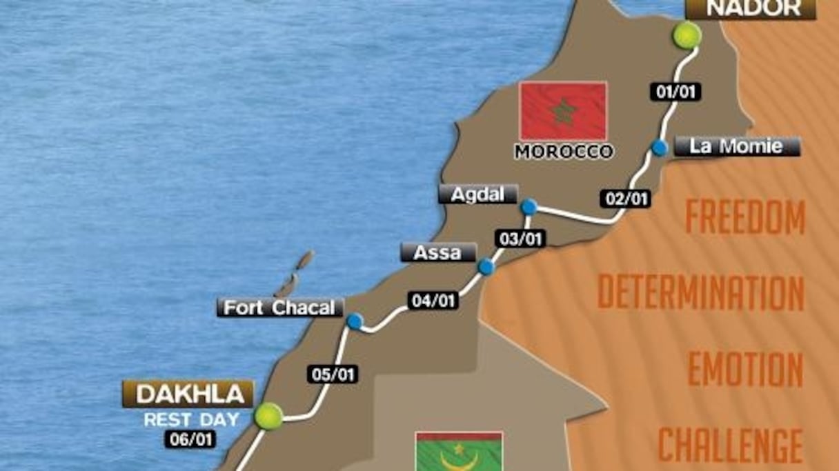 La carte du Maroc diffusée dans son intégralité sur le site Africa Ecorace, où est indiqué le circuit qui sera emprunté par les participants à la 11ème édition de ce rallye-raid international. 
