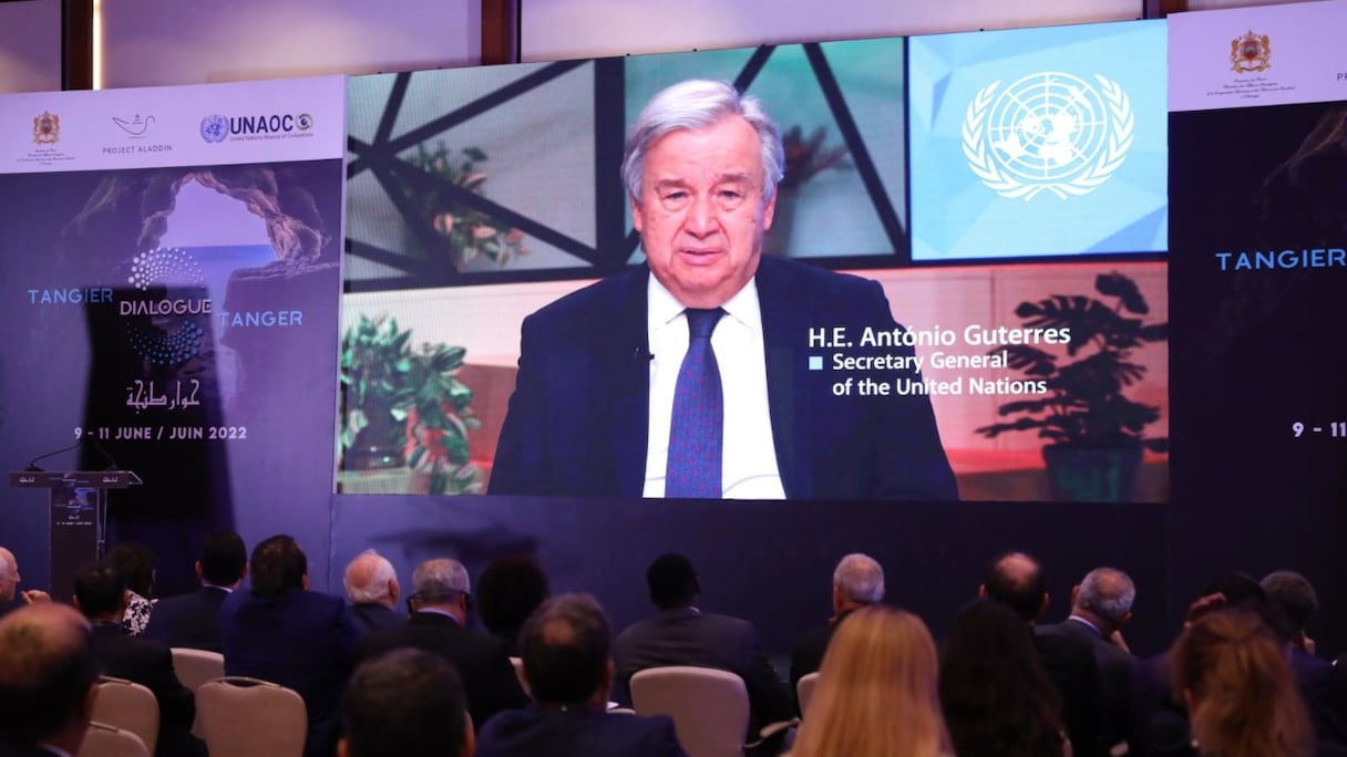 Antonio Guterres, Sécrétaire général de l'ONU, lors de son intervention à la conférence internationale, Dialogue de Tanger, vendredi 10 juin 2022.
