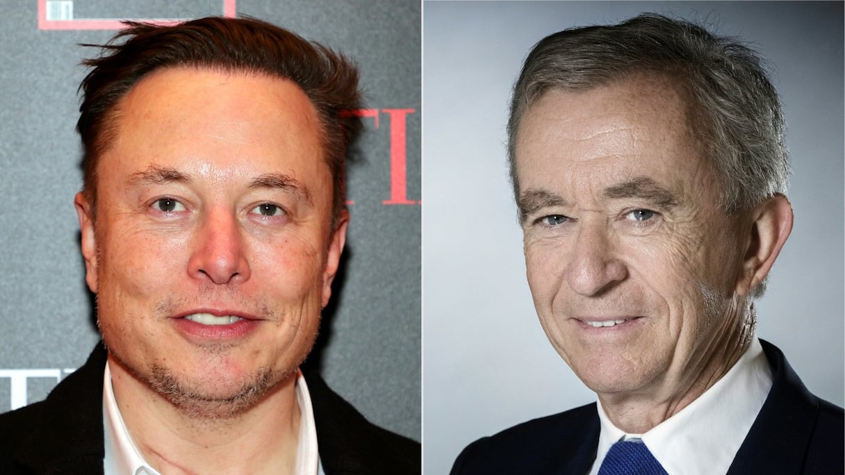 Elon Musk, PDG de Tesla, SpaceX et Twitter, le 13 décembre 2021, à New York, au cours de l'évènement de la «personnalité de l'année» de Time Magazine et Bernard Arnault, PDG de LVMH, le 19 septembre 2017, lors d'une séance photo à Paris. 
