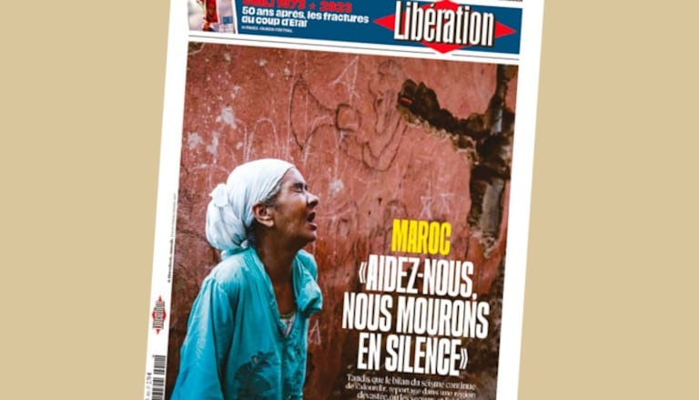 La "Une" de Libération, le 11 septembre 2023, consacrée au séisme qui a frappé le Maroc le 8 septembre.