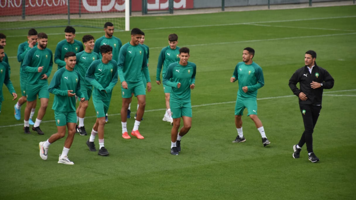 Les Lions de l'Atlas U23 lors d'une séance d'entrainement au Complexe Mohammed VI de football à Maâmora.
