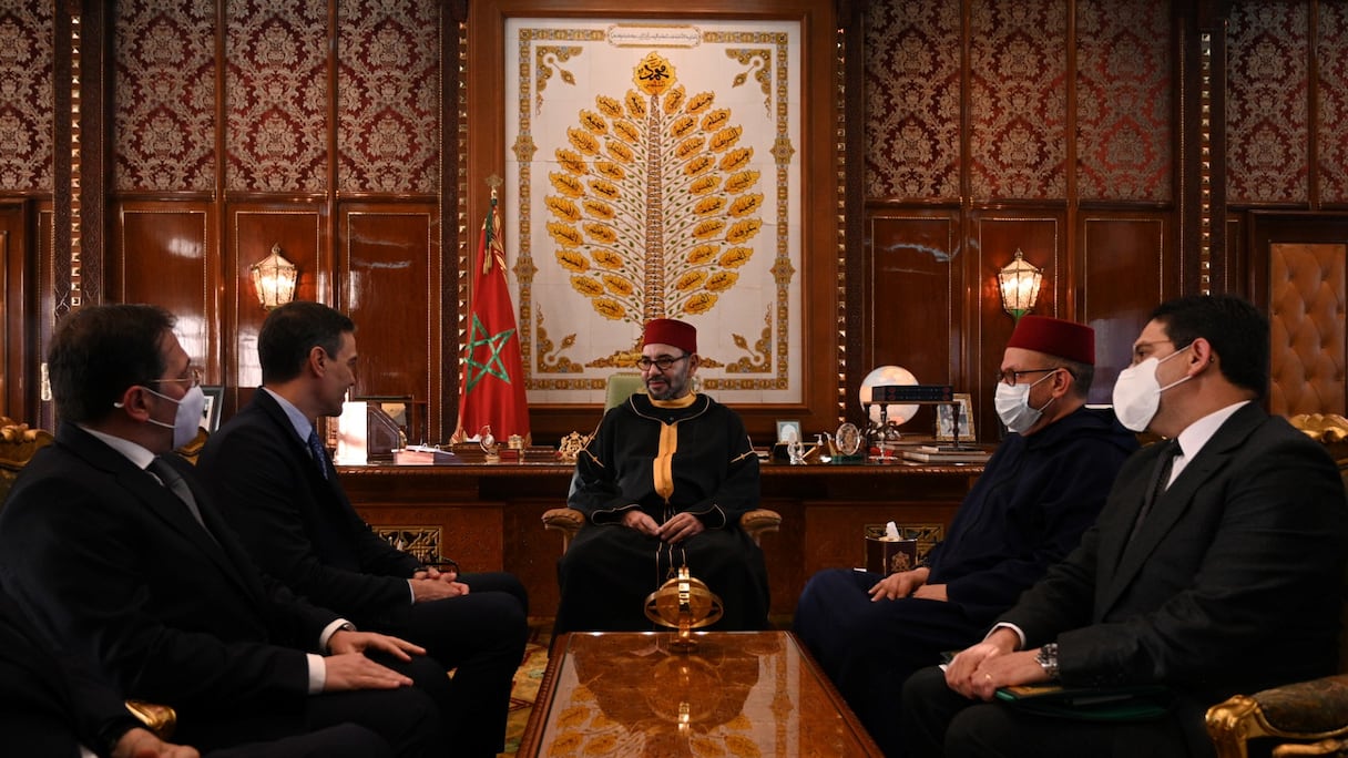 Lors de l'audience accordée par le roi Mohammed VI au président du gouvernement espagnol, Pedro Sanchez, jeudi 7 avril 2022 au Palais royal à Rabat.
