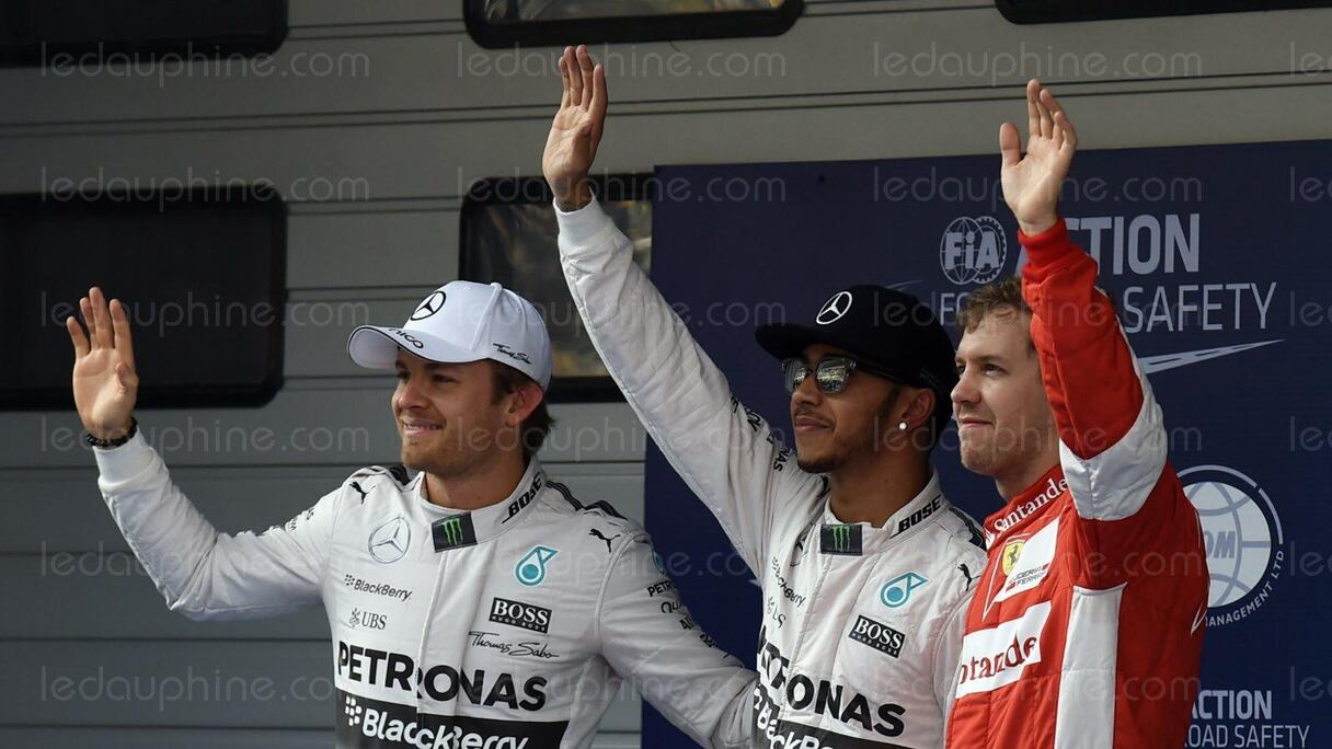 Rosberg 2e, Hamilton et Vettel 3e, le tiercé gagnant du GP de Shanghai (de g. à d.).
