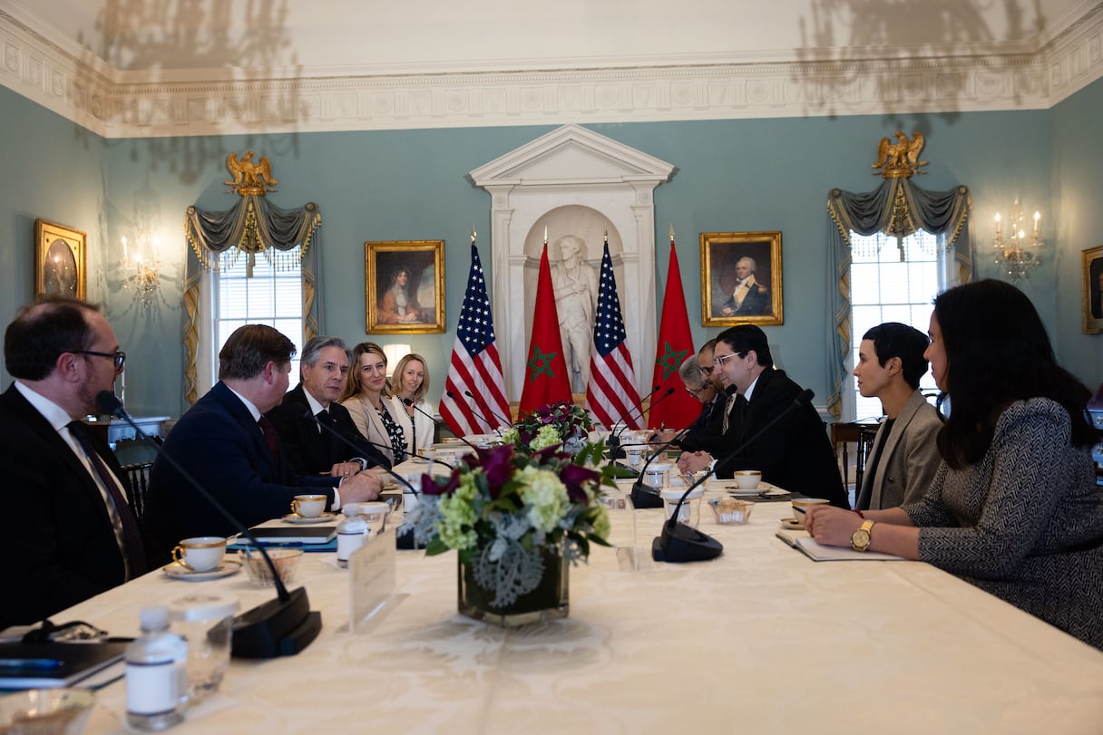 Lors de la rencontre entre le ministre des Affaires étrangères, Nasser Bourita, et le secrétaire d'Etat américain, Antony Blinken, lundi 20 mars 2023 à Washington.