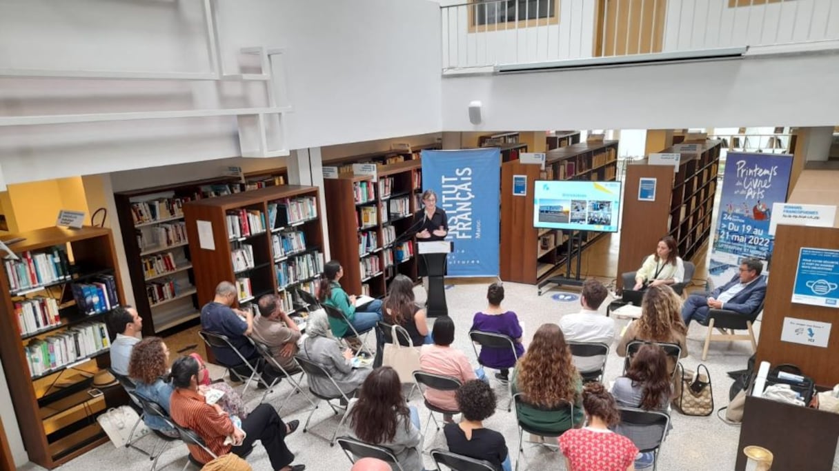 La conférence de presse de l'Institut français du Maroc sur le pavillon France de l'édition 2022 du Salon international de l'édition et du livre, à l'Institut français de Casablanca, le 12 mai 2022.
