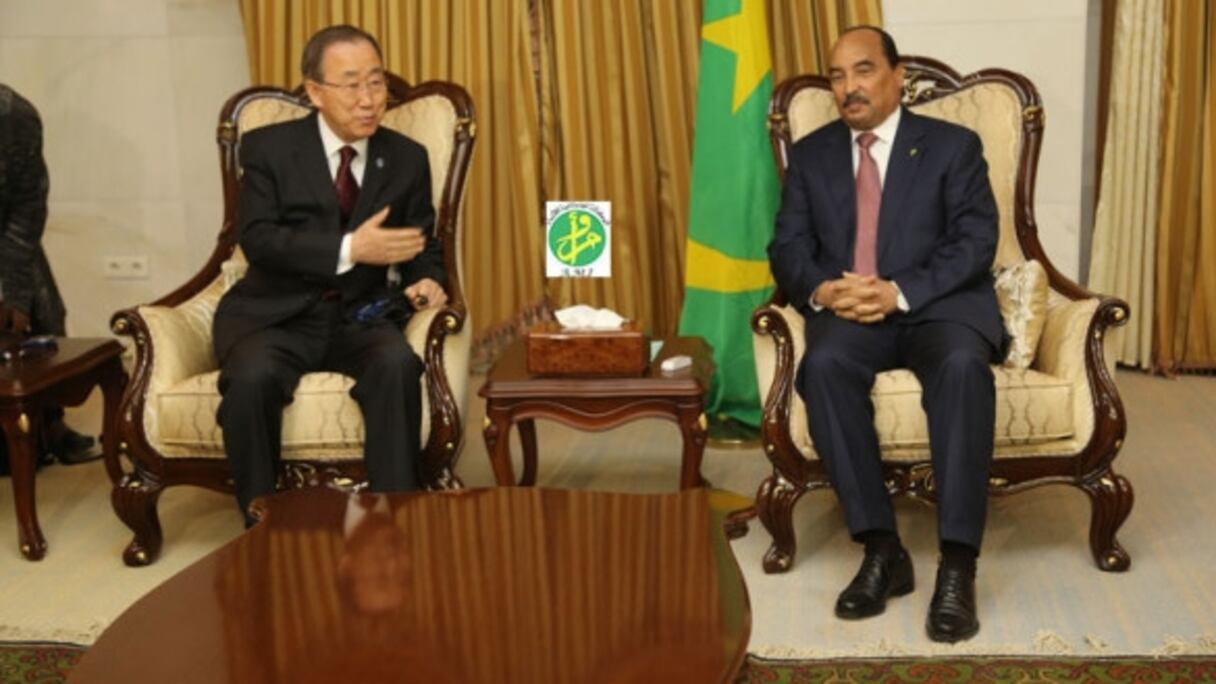 Entretiens entre le SG de l'ONU, Ban Ki-Moon, et le président mauritanien, Mohamed Abdelaziz, ce vendredi 4 mars à Nouakchott.
