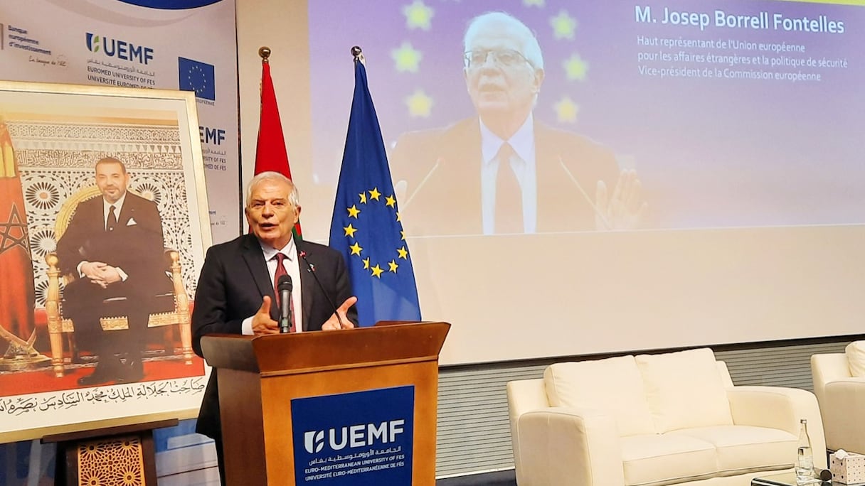 Lors de la conférence donnée par le chef de la diplomatie européenne, Josep Borrell, à l'Université Euromed de Fès, vendredi 6 janvier 2023.
