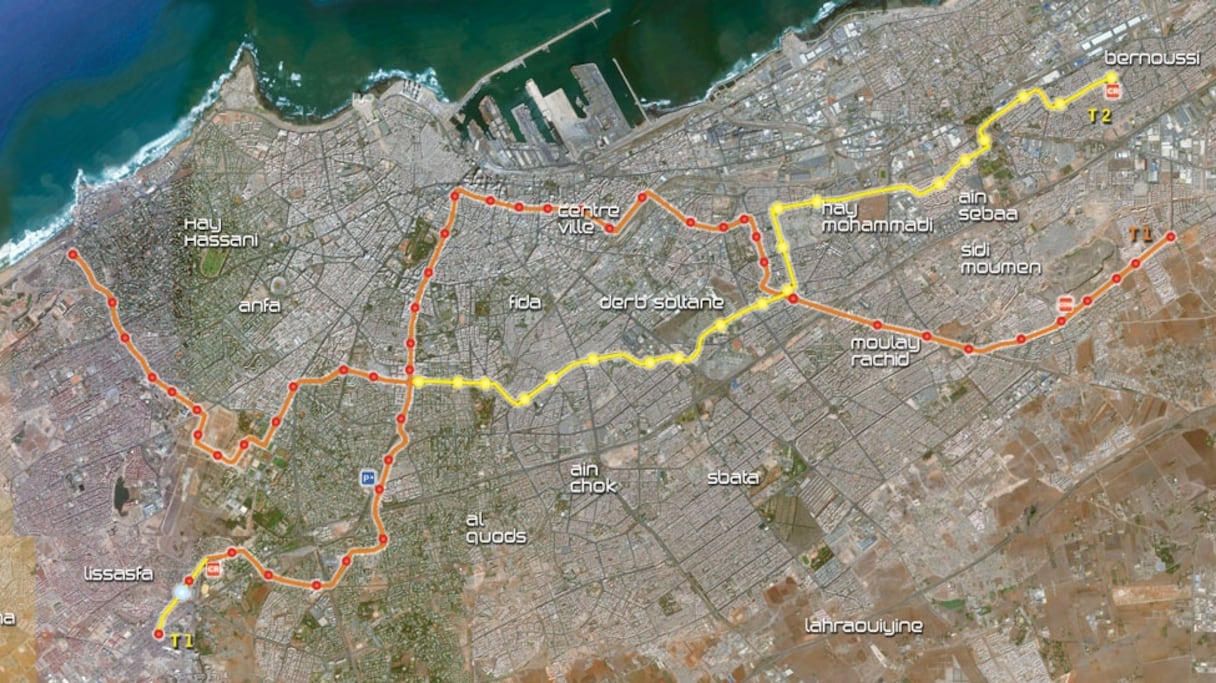 Le tracé des lignes T1 et T2 du tram.
