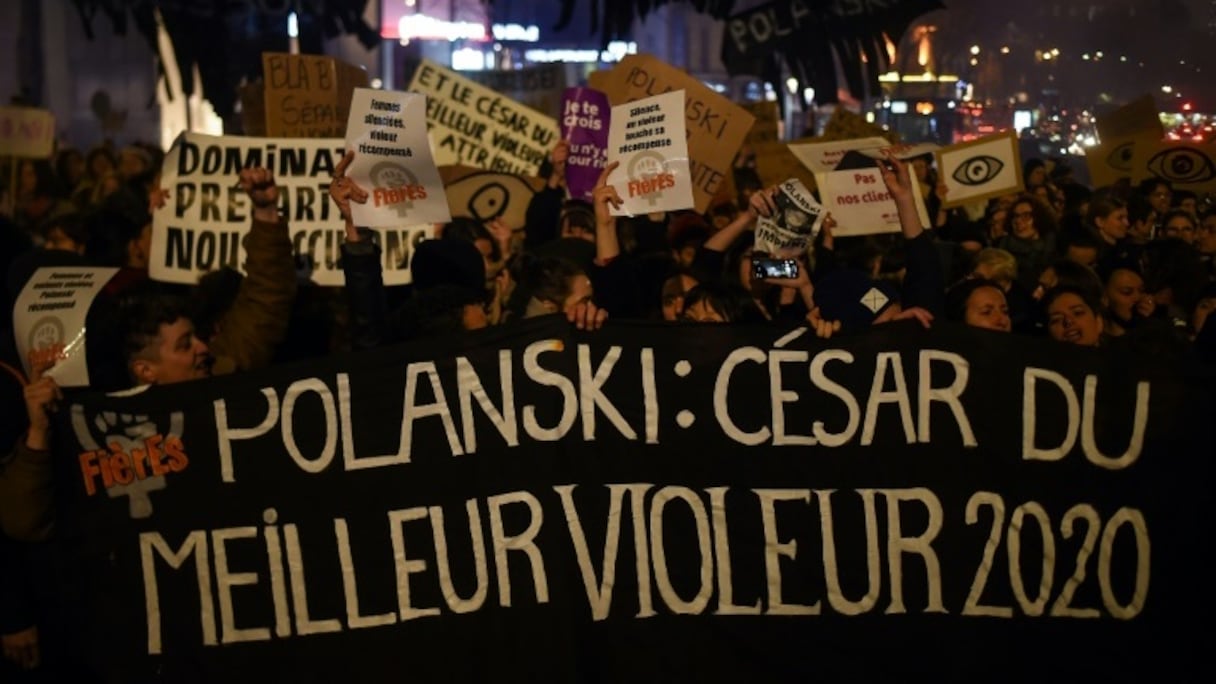 Manifestation de féministes devant la salle Pleyel avant la cérémonie des César à Paris, le 28 février 2020.
