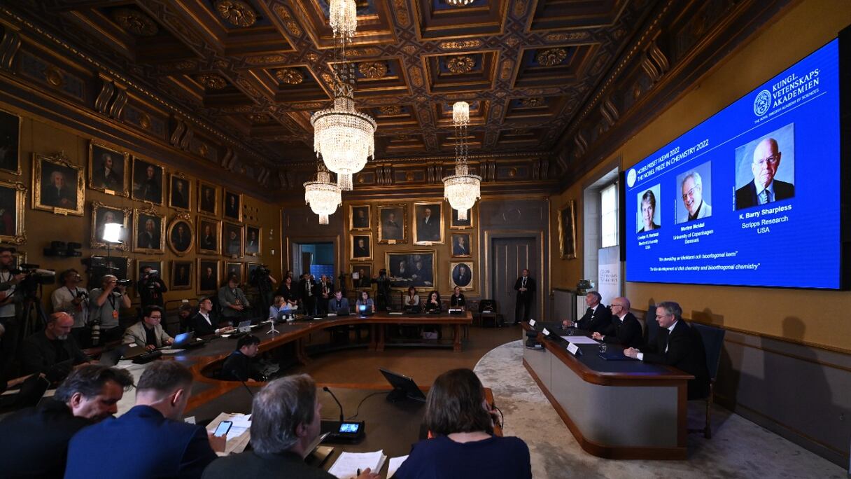 Les membres du Comité Nobel de chimie, en conférence de presse, annoncent les lauréats du Prix Nobel 2022 de Chimie à l'Académie royale des sciences de Suède à Stockholm, le 5 octobre 2022.
