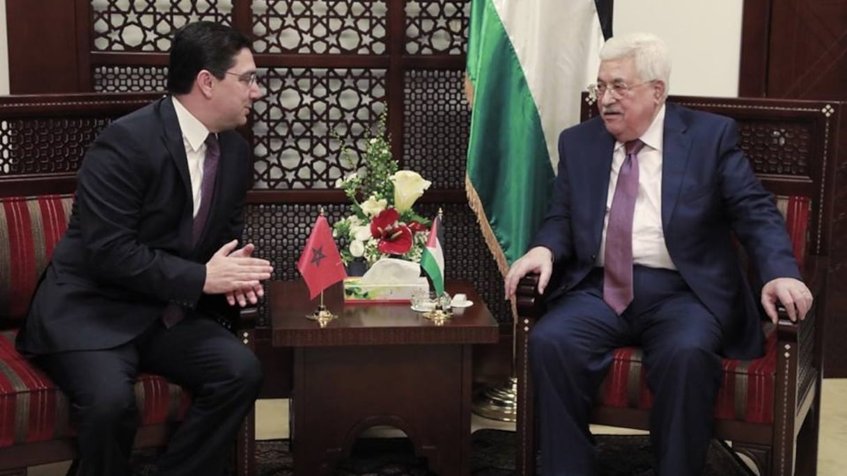 Mahmoud Abbas recevant Nasser Bourita mardi 27 mars en Palestine.
