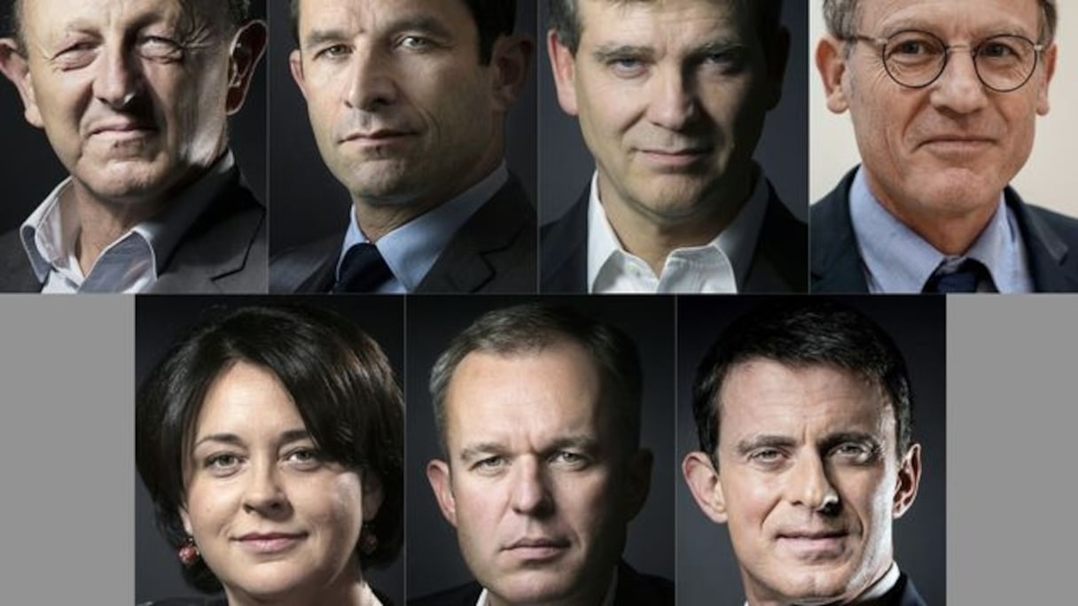 De haut en bas et de g. à d. : Jean-Luc Bennahmias, Benoit Hamon, Arnaud Montebourg, Vincent Peillon, Sylvia Pinel, François de Rugy et Manuel Valls.
