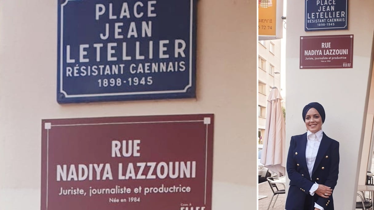 Nadiya Lazzouni pose devant la plaque qui porte son nom, dans une rue de Caen.
