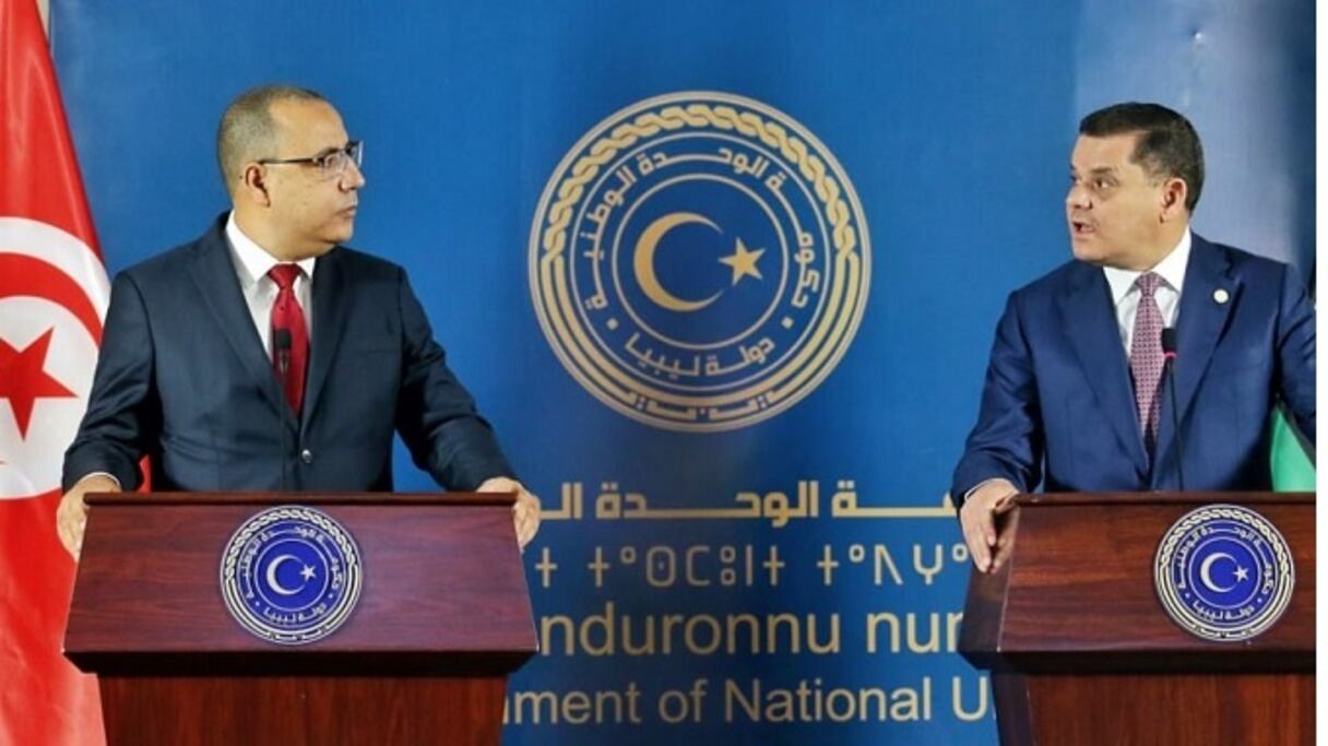 Hichem Mechichi, Premier ministre de la Tunisie, et Abdelhamid Dbeibah, chef du gouvernement libyen de transition. 
