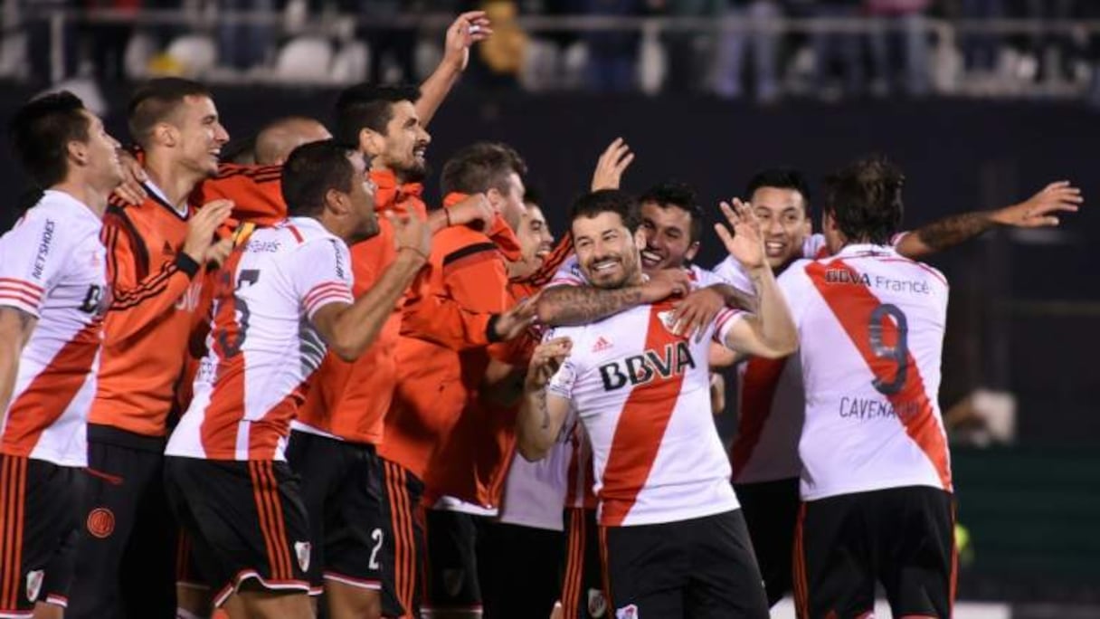 La joie des joueurs de River Plate, qualifiés pour la finale de la Copa Libertadores, après avoir éliminé Guarani, le 21 juillet 2015 à Asuncion.
