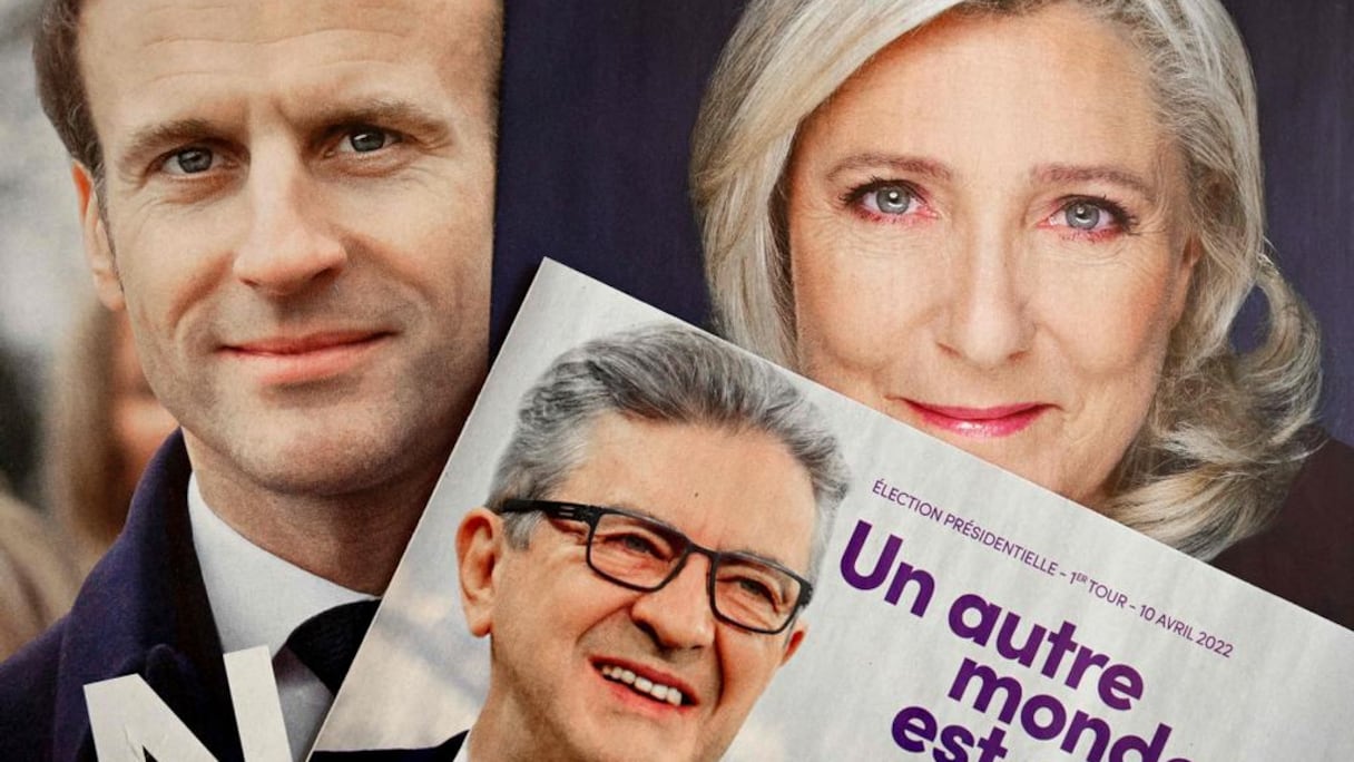 Affiches électorales des candidats Emmanuel Macron, Marine Le Pen et Jean-Luc Mélenchon.
