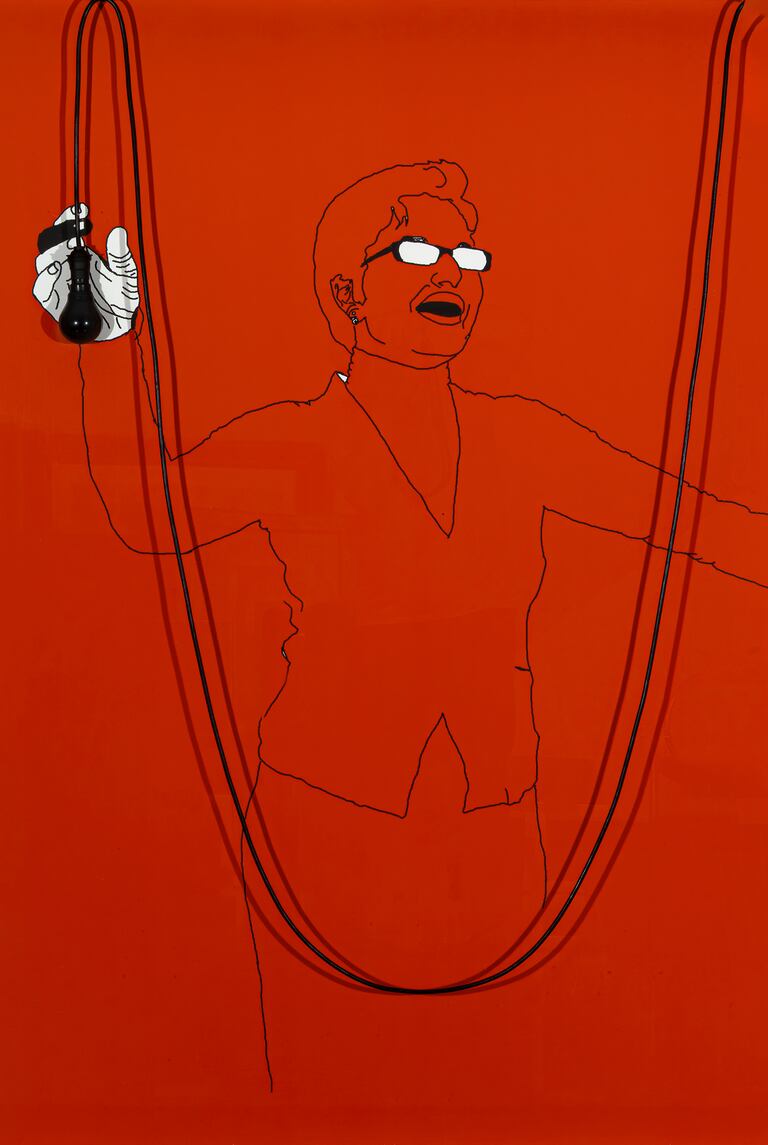 "OUM KELTOUM", 2008, de Mohamed El Baz. Tirage photographique sur toile,
 ampoule peinte, câble, bois, verre. 150 x 100 cm.