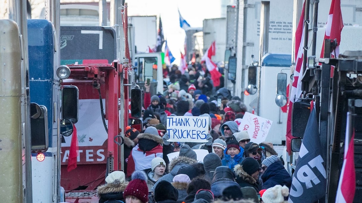 Des manifestants brandissent pancartes et drapeaux sur la colline du Parlement à Ottawa, le 29 janvier 2022, à l'arrivée du convoi des «camions de la liberté» pour protester contre les restrictions dues au vaccin anti-Covid-19.
